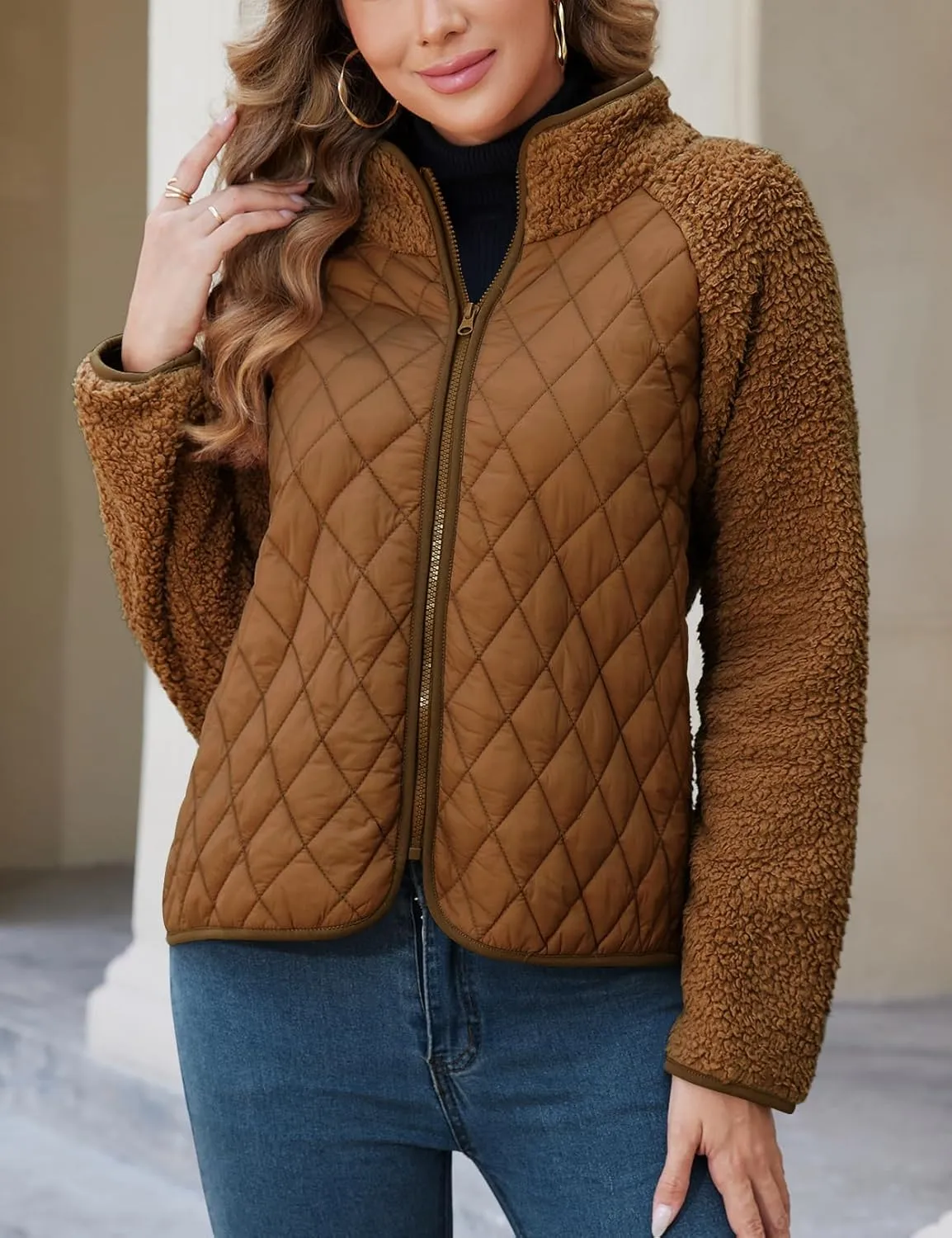 Zilcremo Women's Winter Quilted Jackets Patchwork Fuzzy Fleece Zip Up Jacket Long Sleeve Sherpa Coat Outerwear with Pockets