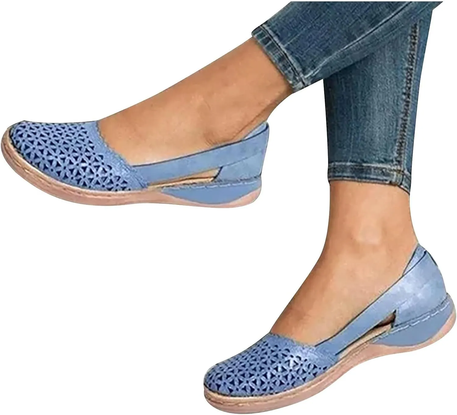 ZWRXW Sandals for Women Dressy Hollow Ballet Flats Round Toe Low Heels Lightweight Flats Sandals Casual Summer Slides Sandal Wedge Shoes Walking Shoes with Comfortable Plantar Fasciitis Arch Support