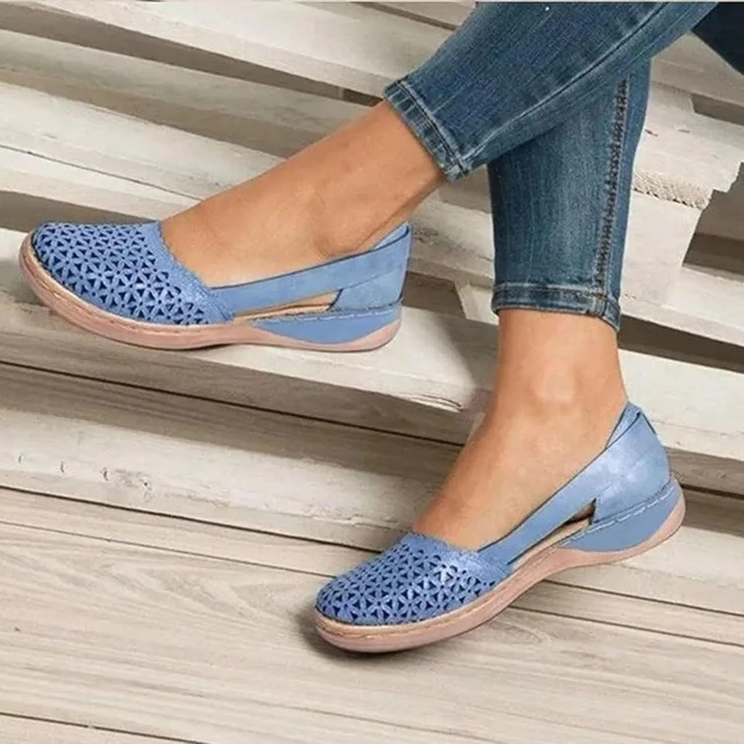 ZWRXW Sandals for Women Dressy Hollow Ballet Flats Round Toe Low Heels Lightweight Flats Sandals Casual Summer Slides Sandal Wedge Shoes Walking Shoes with Comfortable Plantar Fasciitis Arch Support